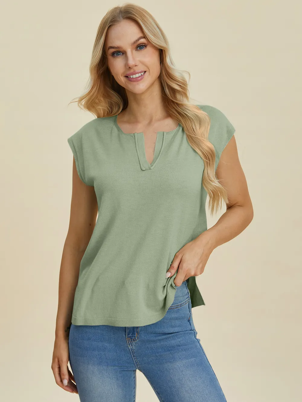 Full Size Notched Cap Sleeve Knit Top, image 4
