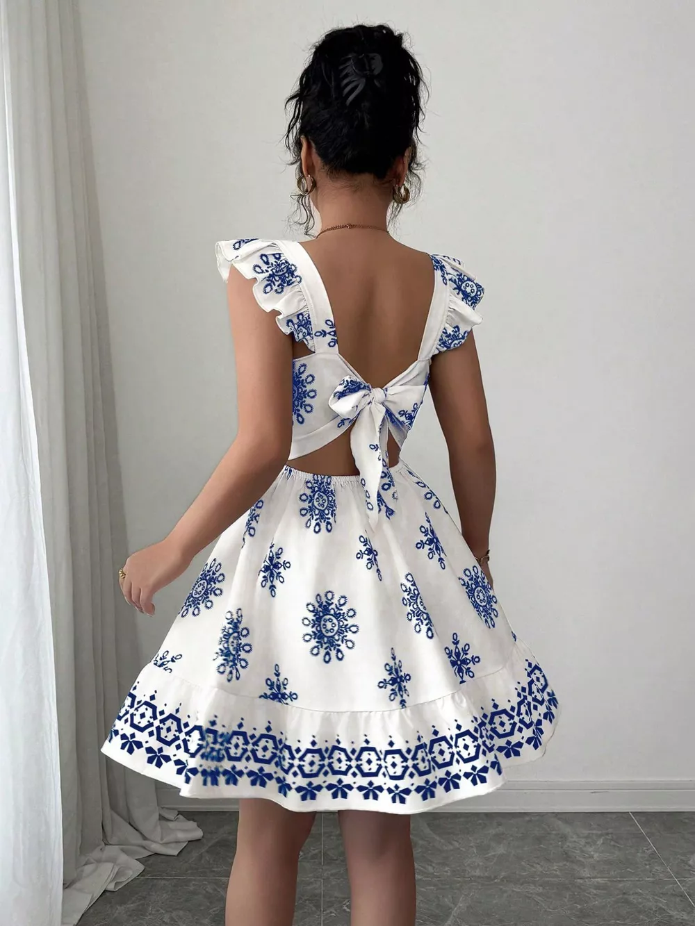 Printed Bow Back Square Neck Mini Dress, image 9