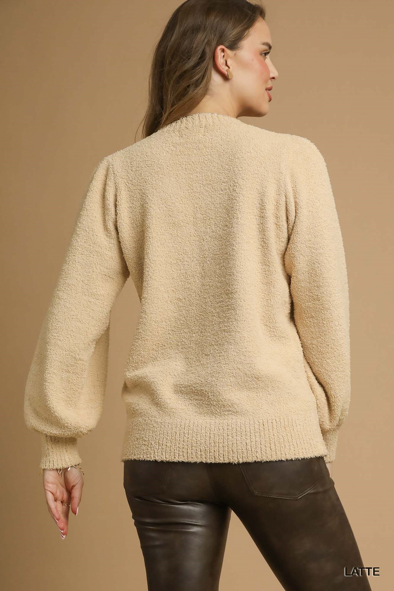 Textured Long Sleeve Sweater with Ribbed Trim, image 3