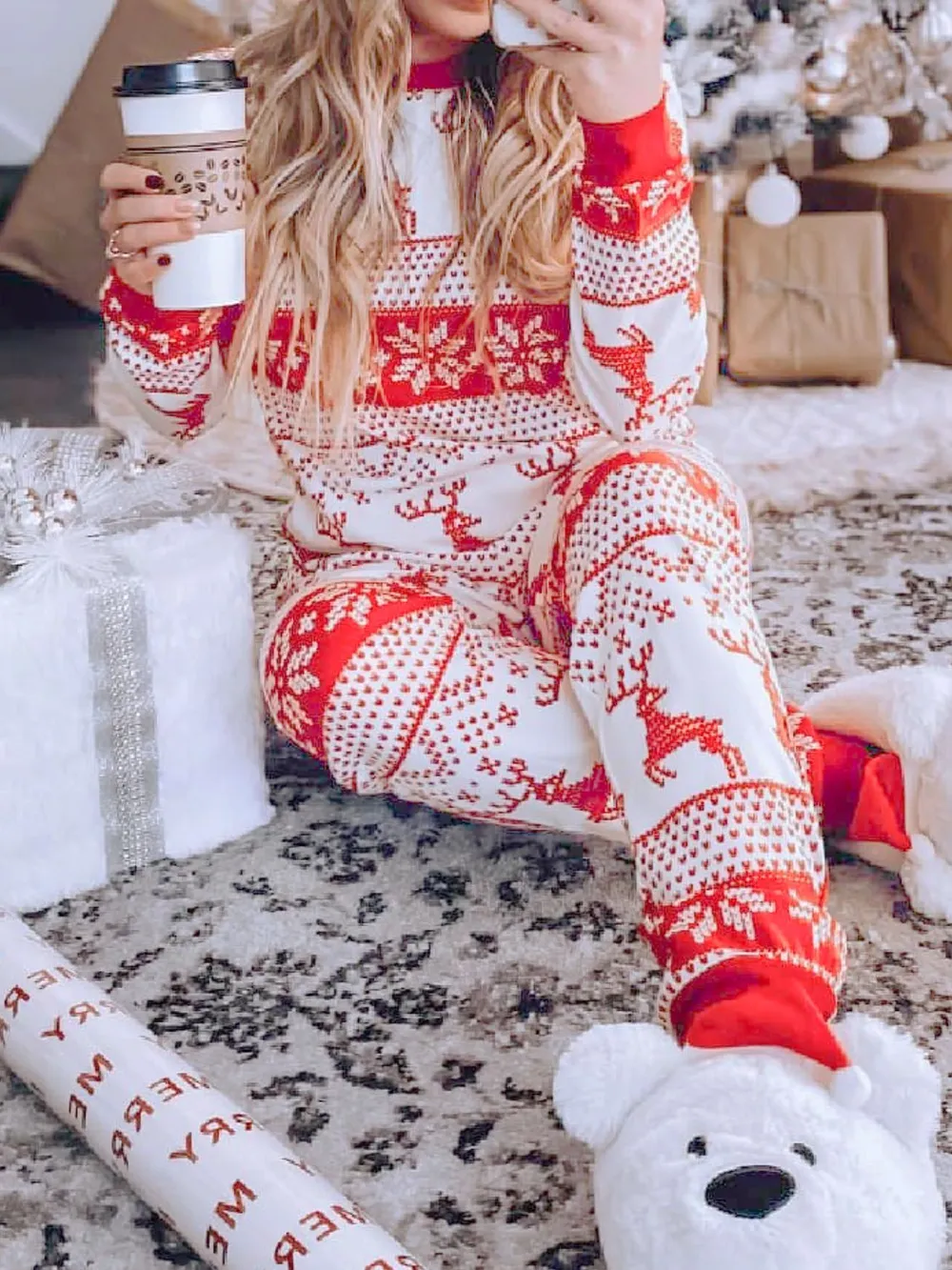 Full Size Christmas Element Round Neck Top and Pants Set, image 4