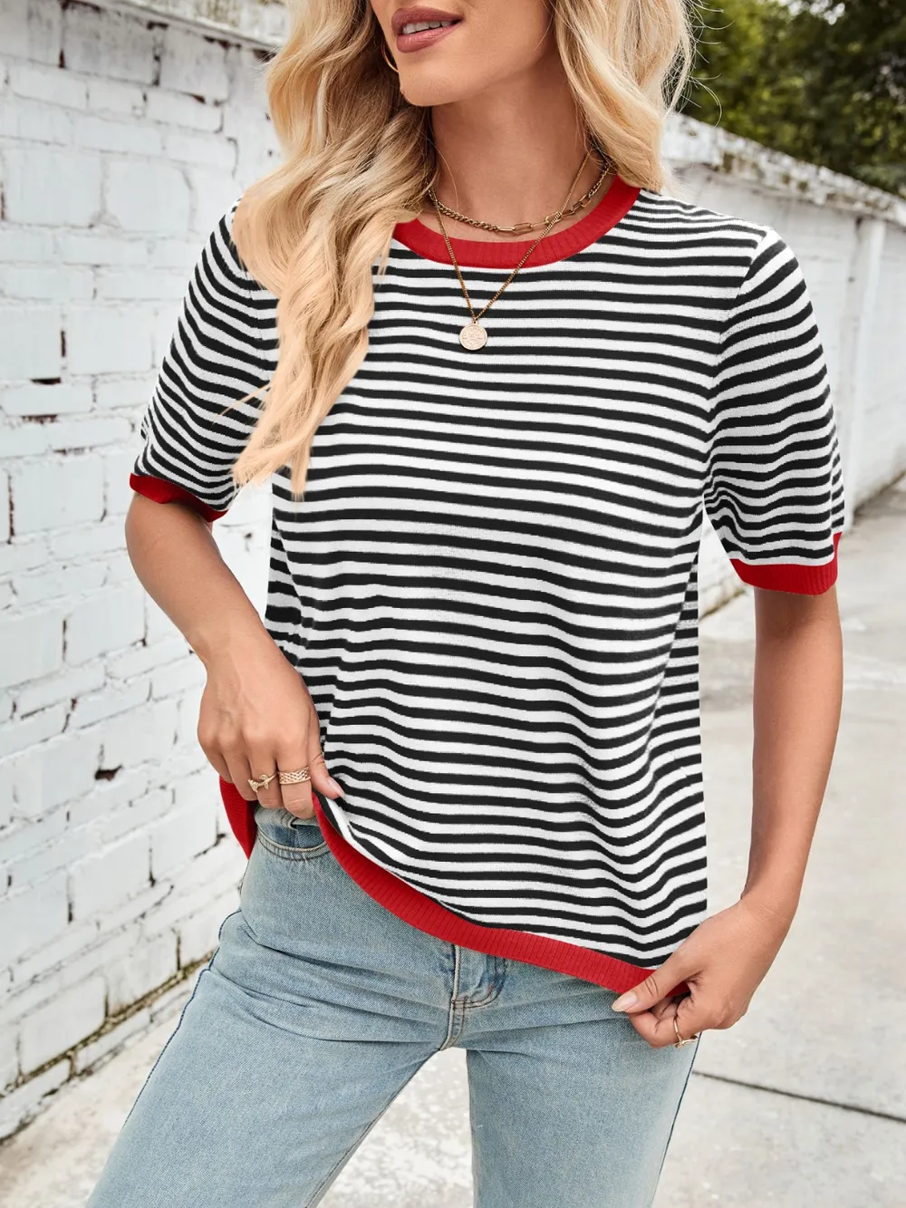 Striped Contrast Round Neck Half Sleeve Knit Top, image 21