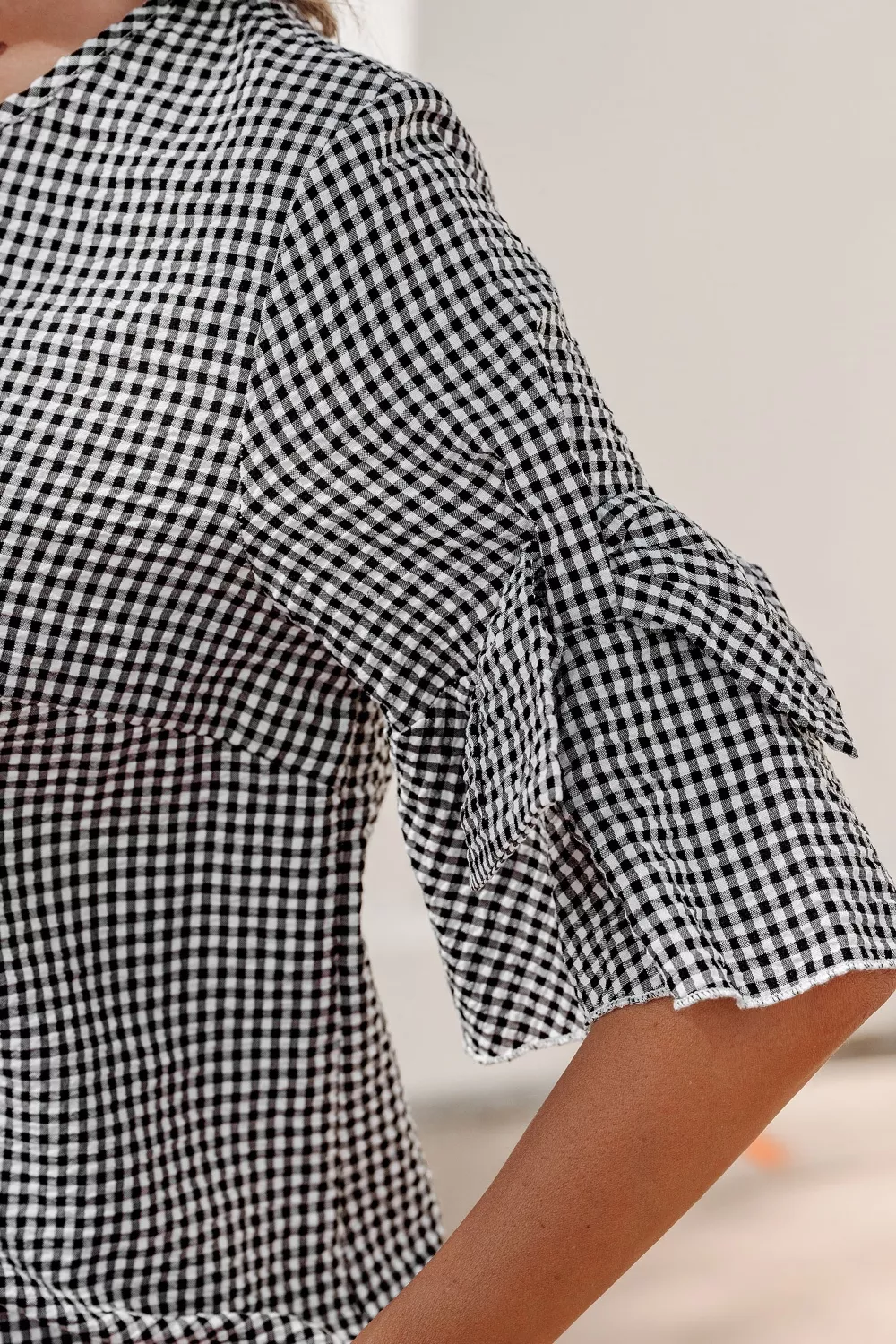 Gingham Bow Half Sleeve Blouse, image 14