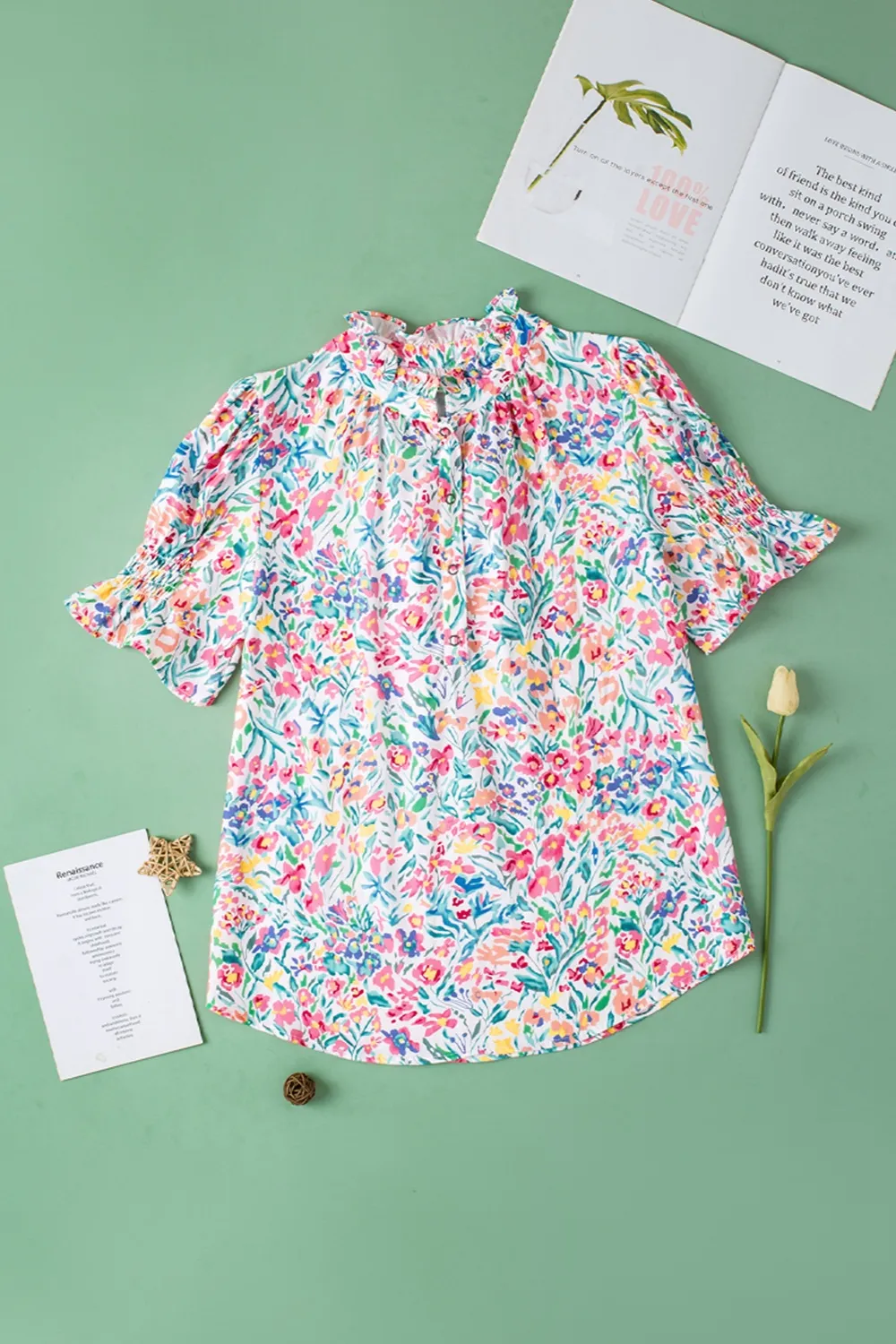 Printed Notched Short Sleeve Blouse, image 5