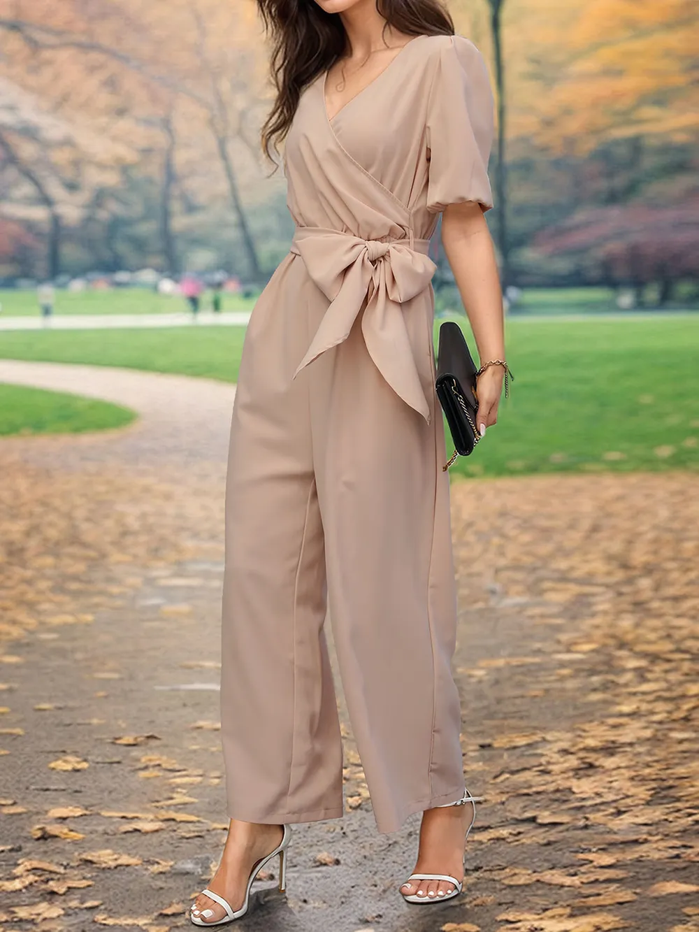 Tied Short Sleeve Wide Leg Jumpsuit, image 3