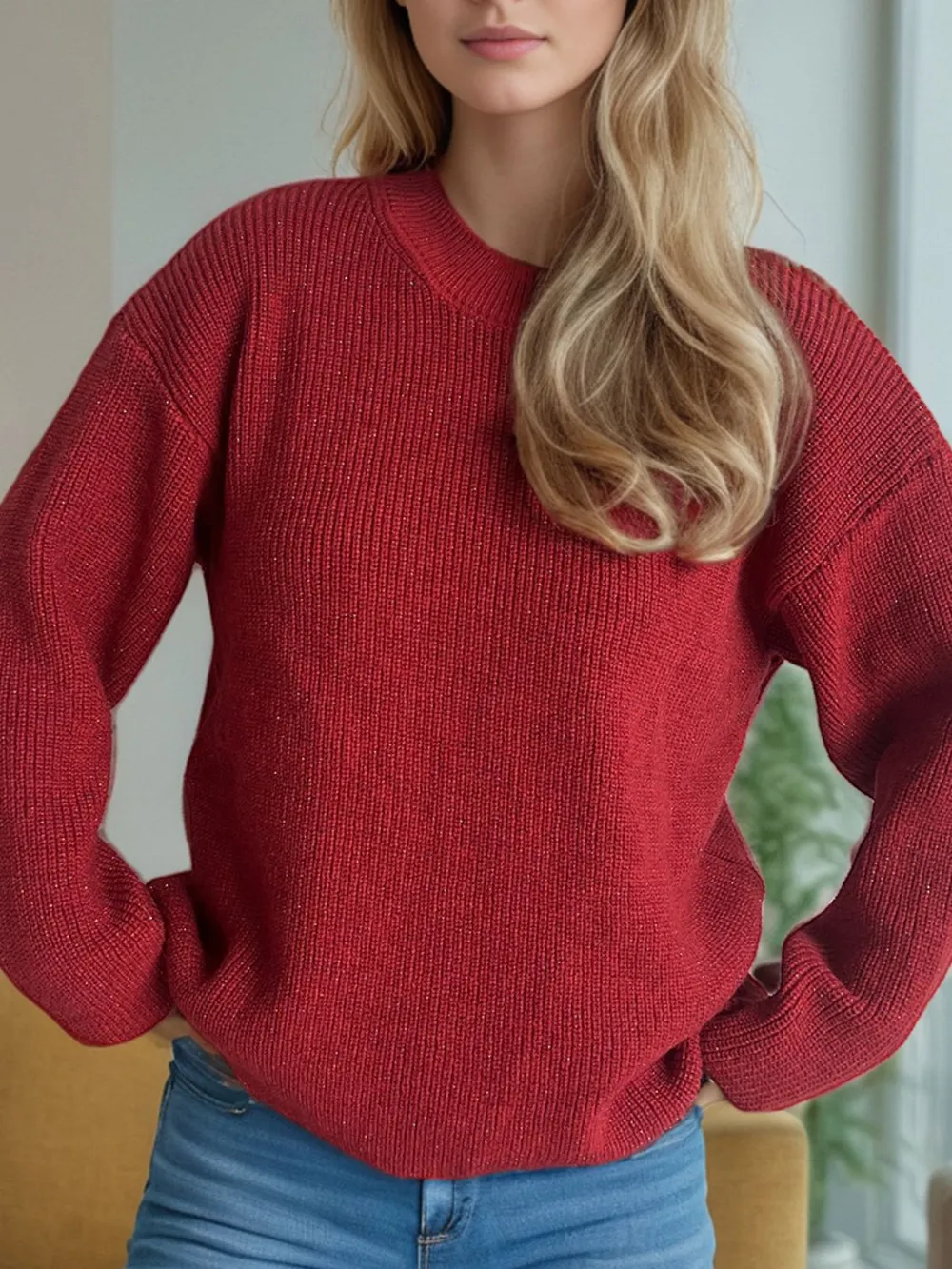 Solid Color Round Neck Long Sleeve Sweater, image 6