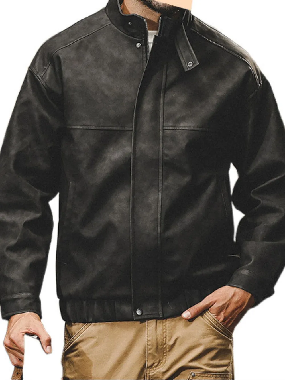 Men's Plus Size Zip Up Stand Collar Biker Jacket, image 5