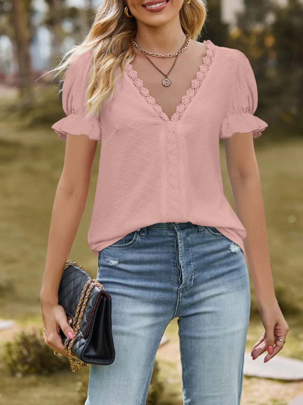 Lace Trim V-Neck Puff Sleeve Blouse, image 10