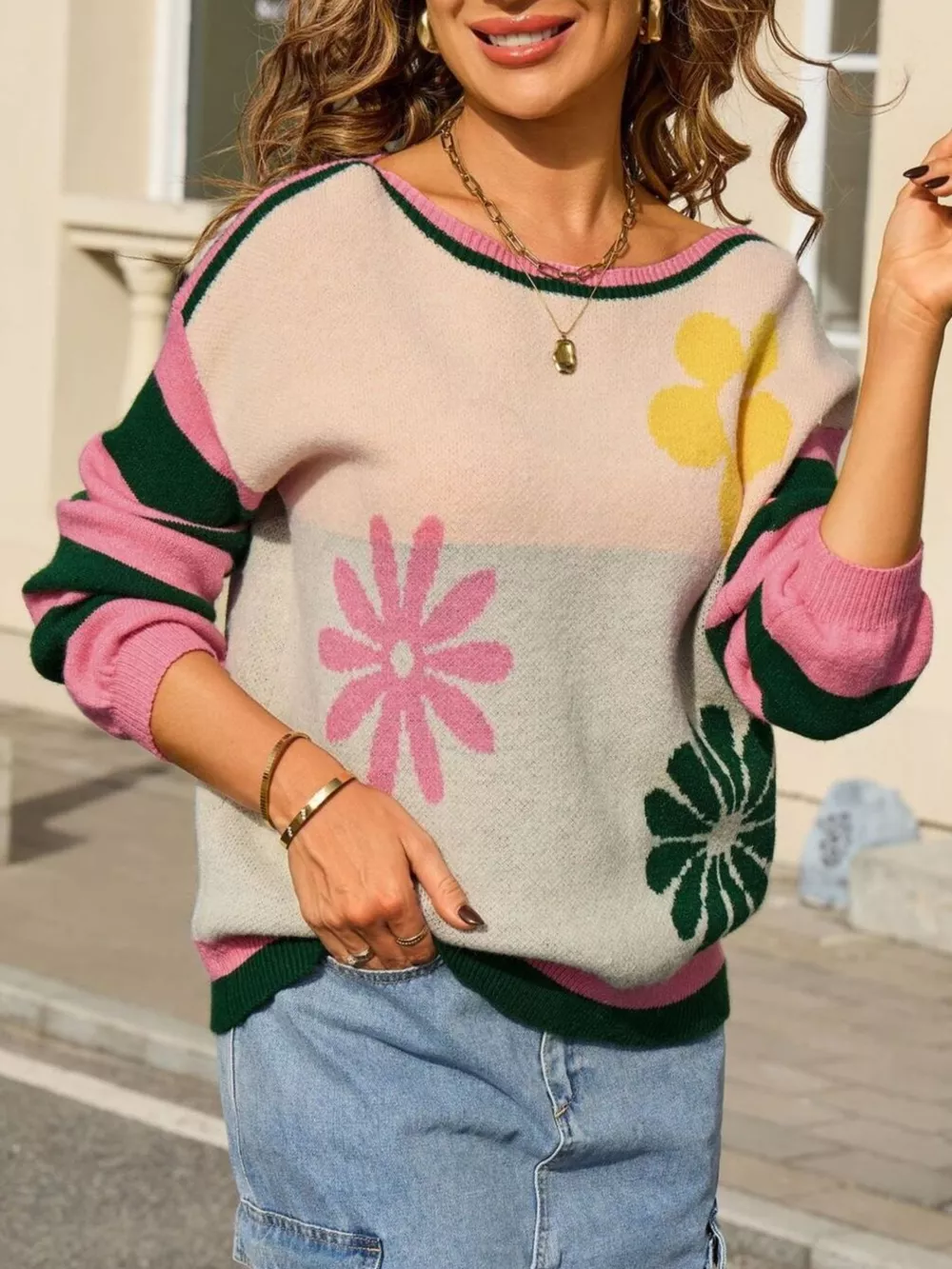 Floral Striped Sleeve Round Neck Sweater, image 9