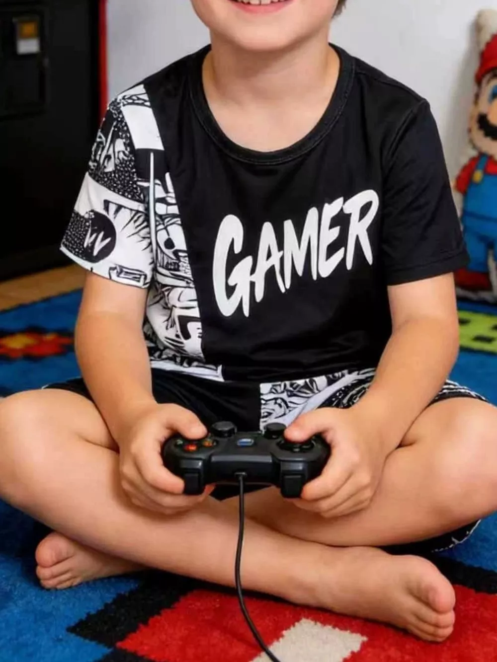 Children's Gamer Print Round Neck Tee and Shorts Set, image 2