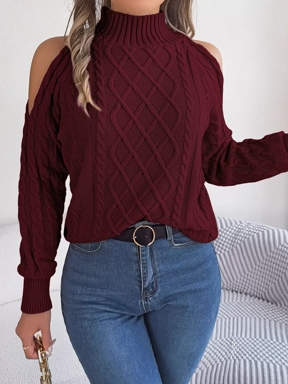 Cable Knit Cold Shoulder Turtleneck Sweater, image 16