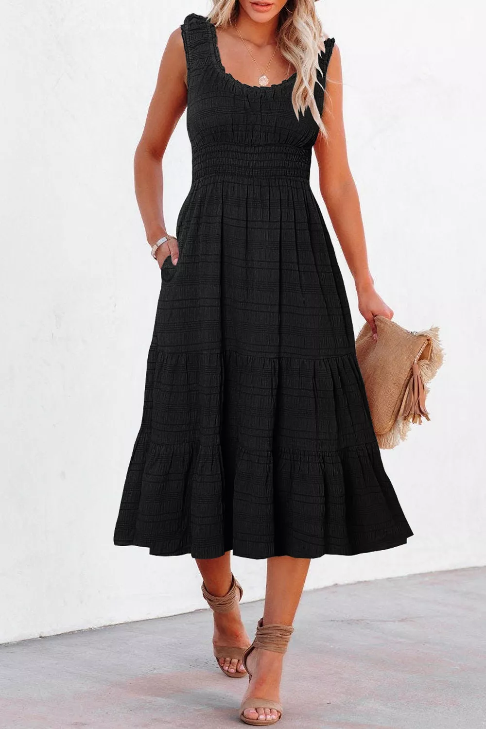 Sleeveless Smocked Tiered Dress with Pockets, image 2