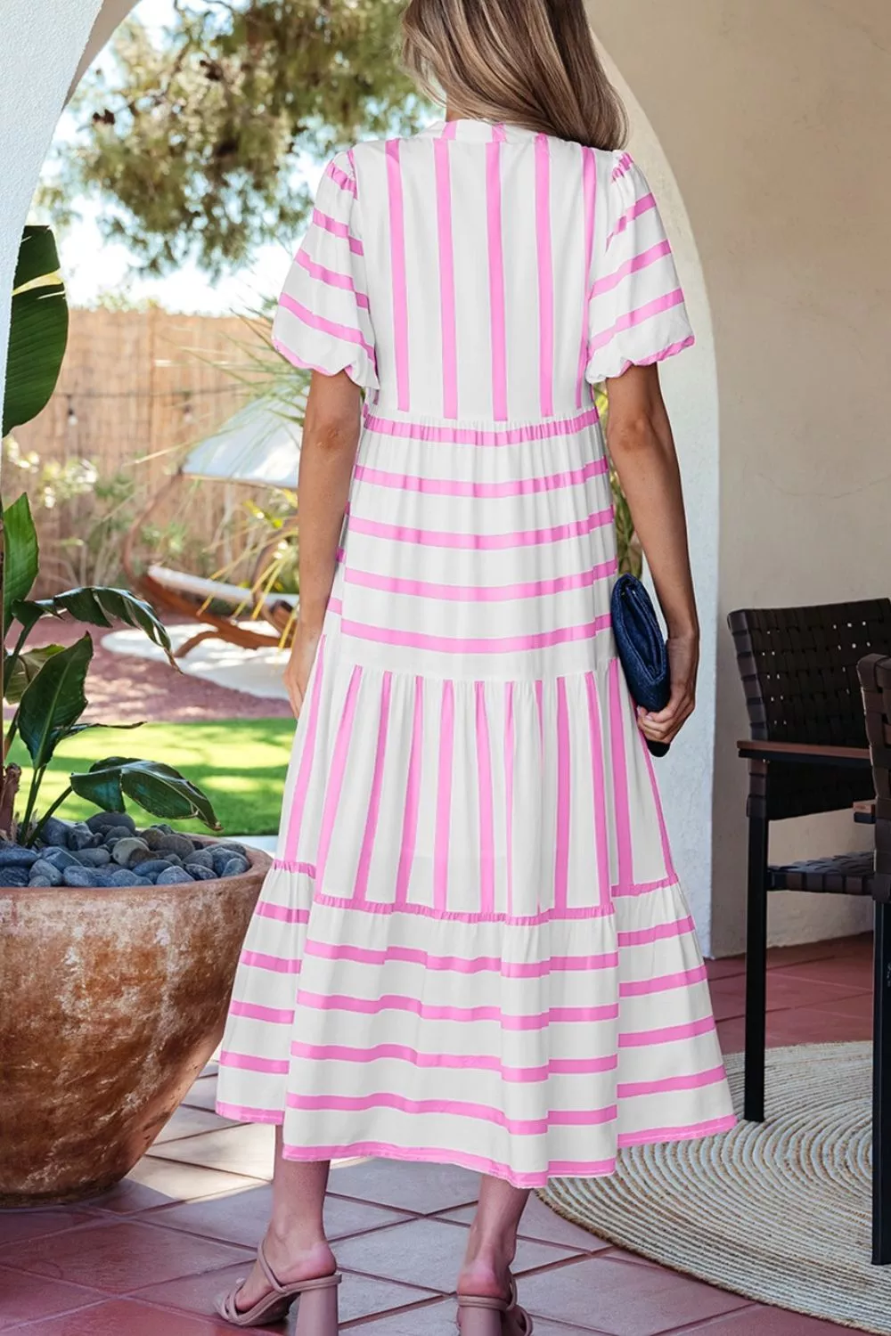 Stripe Ricrac Trim Notched Neck Half Sleeve Dress, image 5