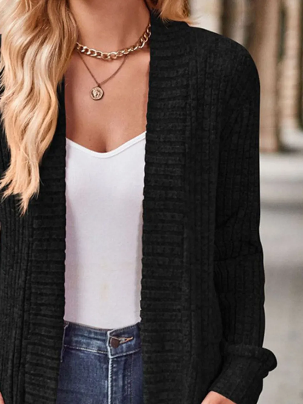 Ribbed Knit Open Front Cardigan with Pockets, image 6