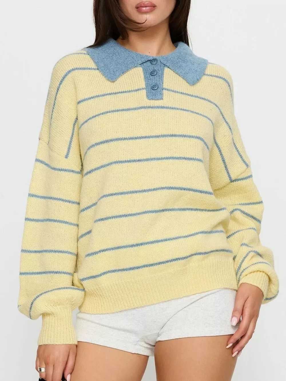 Striped Polo Collar Long Sleeve Sweater