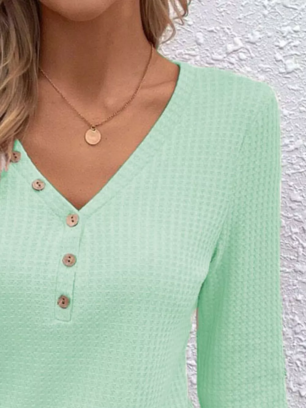 Waffle Knit Button-Detail V-Neck T-Shirt, image 11