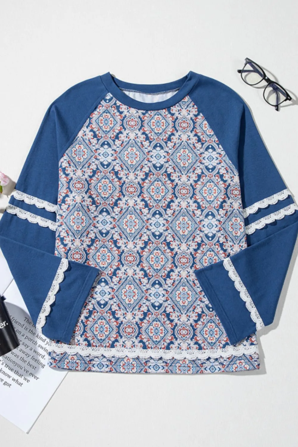 Lace Detail Geometric Round Neck Long Sleeve Top, image 4