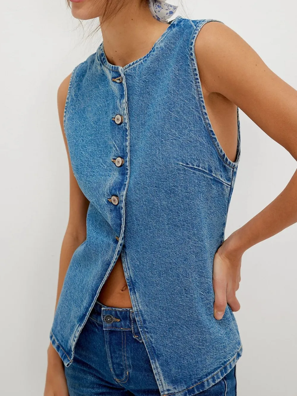 Button Down Round Neck Denim Vest, image 5