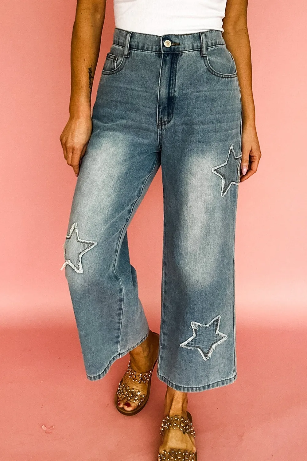 Star Embroidered High Waist Wide Leg Jeans, image 3