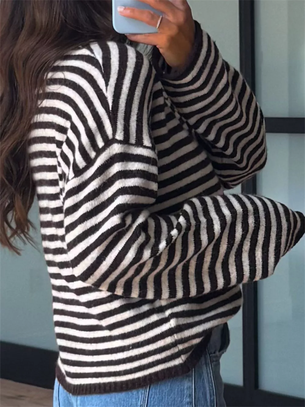 Button Detail Dropped Shoulder Striped Sweater, image 9