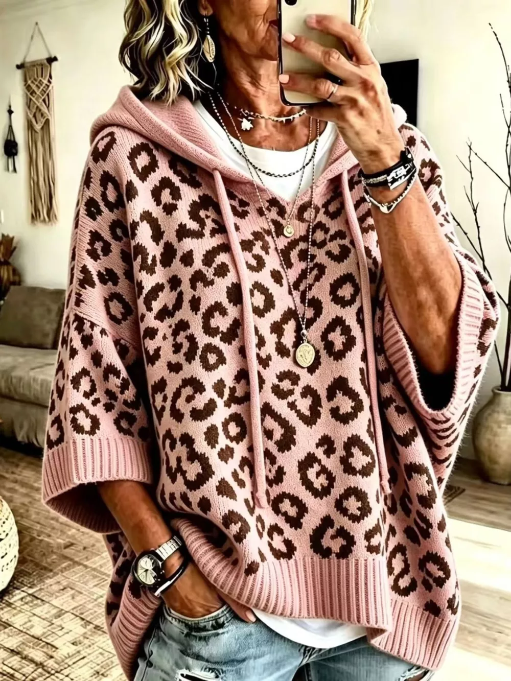 Leopard Print Hooded Knit Sweater, image 5