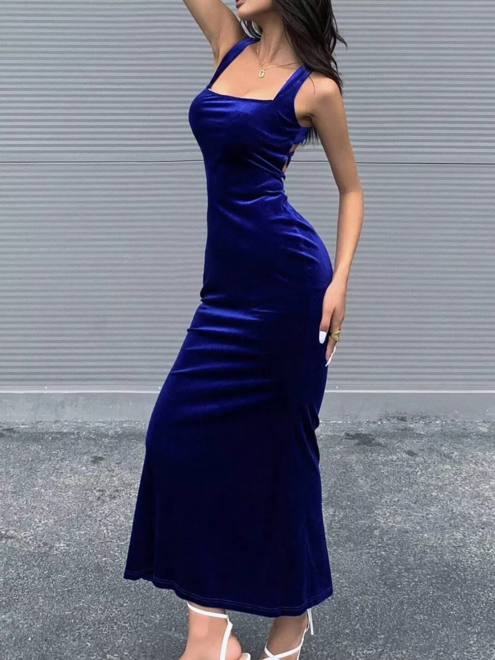 Backless Velvet Bodycon Maxi Dress with Back Lace Up, image 3