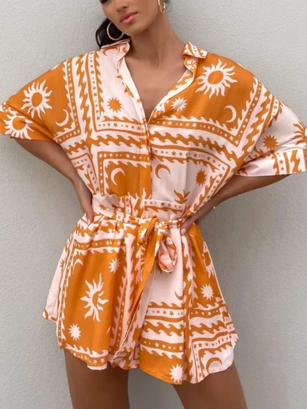 Printed Tie Waist Half Sleeve Romper, image 11