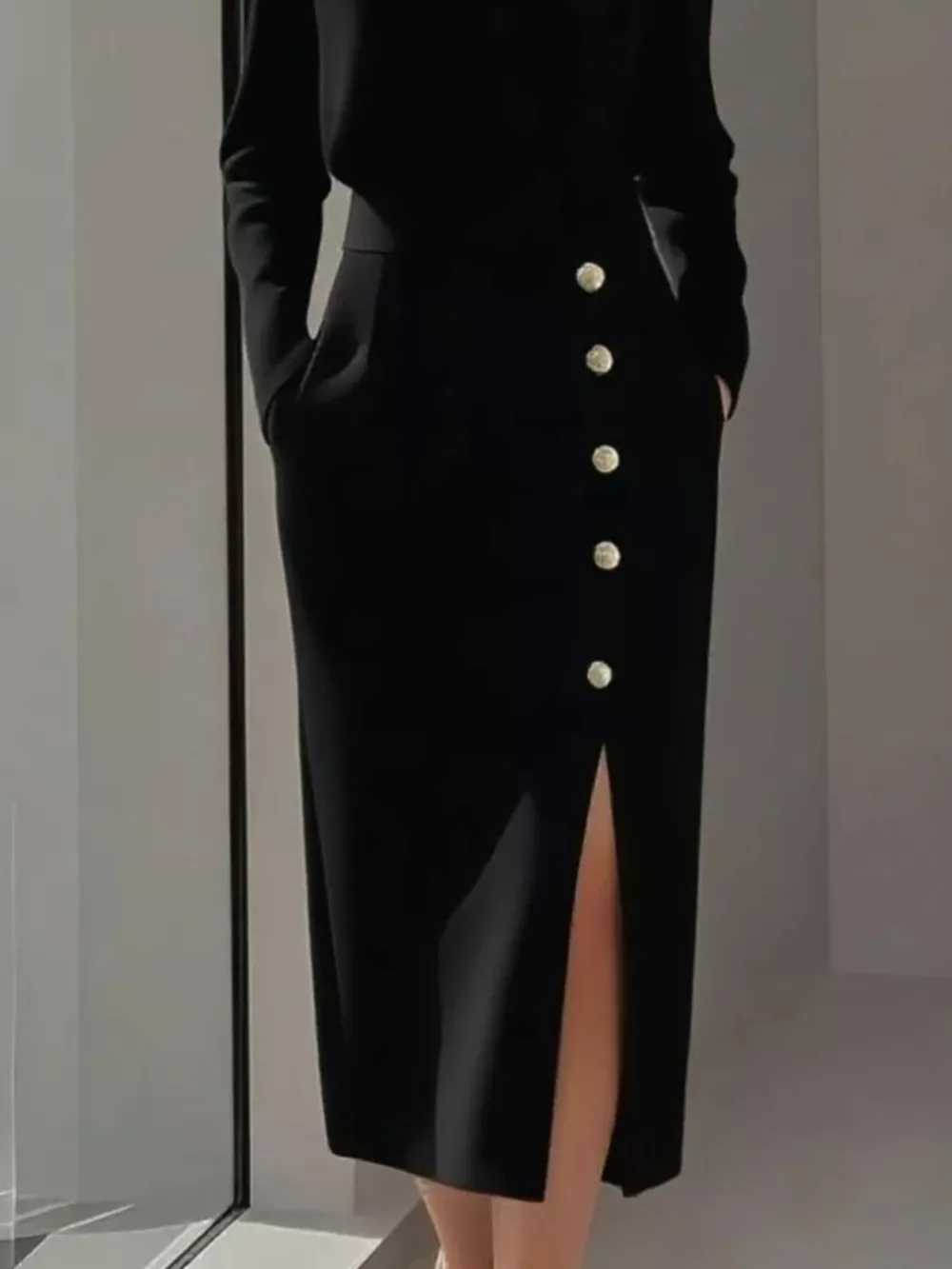 Long Sleeve Button Detail Midi Dress with Side Slit, image 5