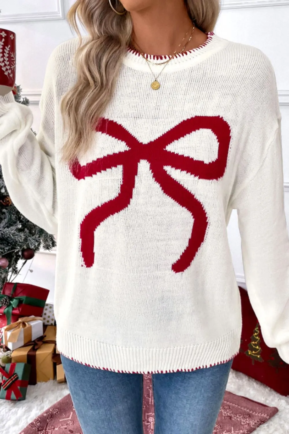 Bow Round Neck Drop Shoulder Sweater, image 6