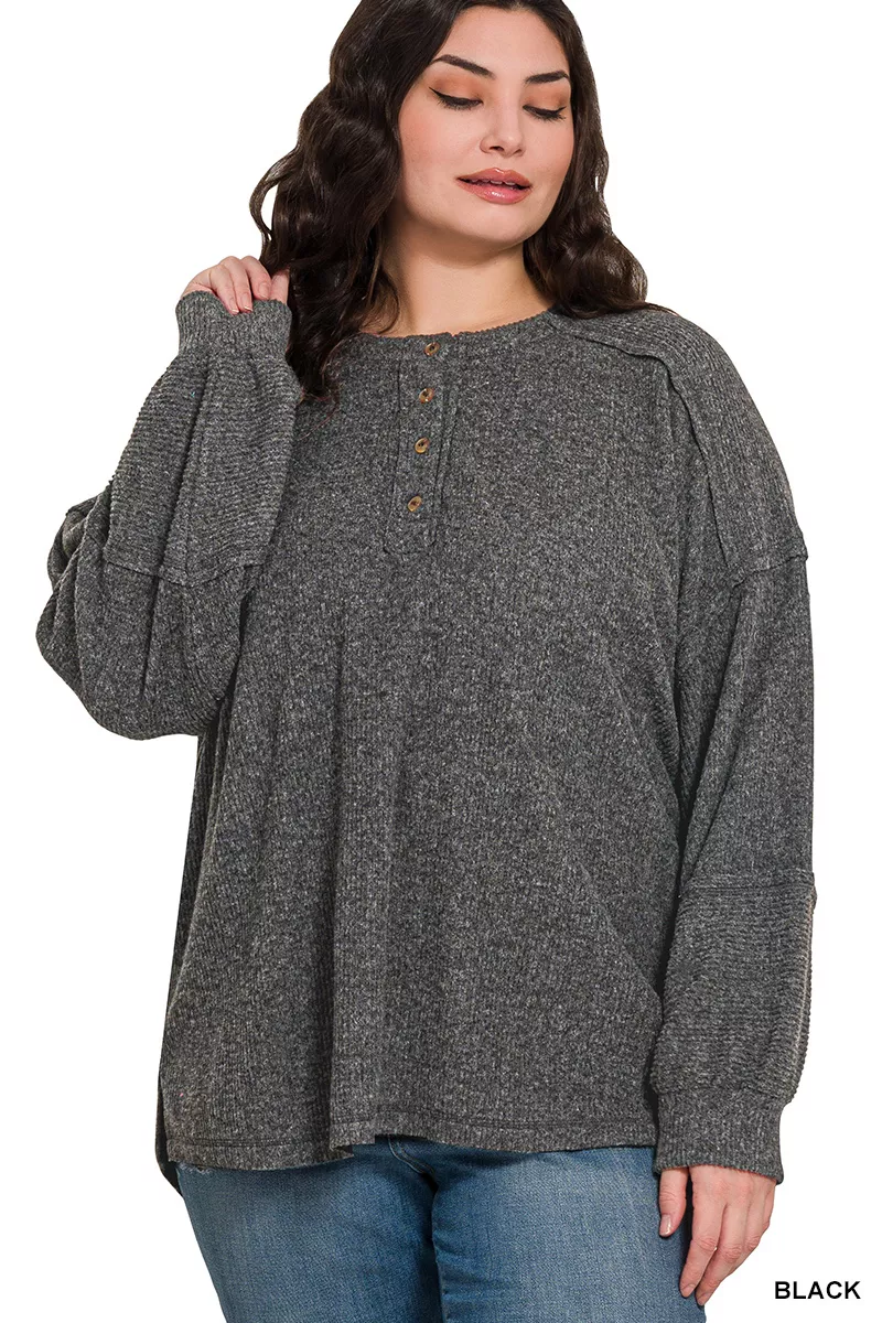 Full Size Ribbed Brushed Hacci Melange Henley Sweater Plus Size, image 3