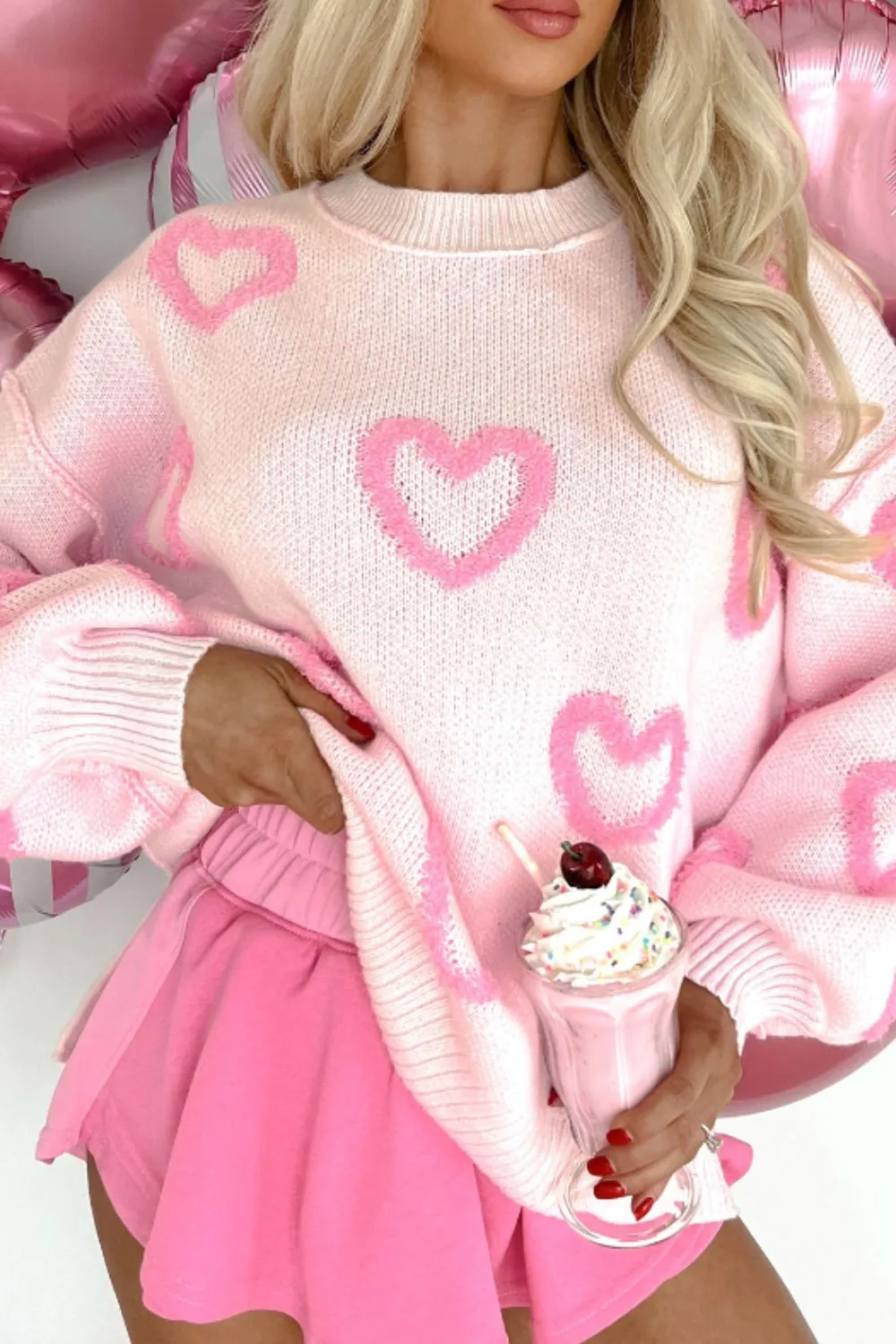 High-Low Heart Round Neck Long Sleeve Sweater, image 6