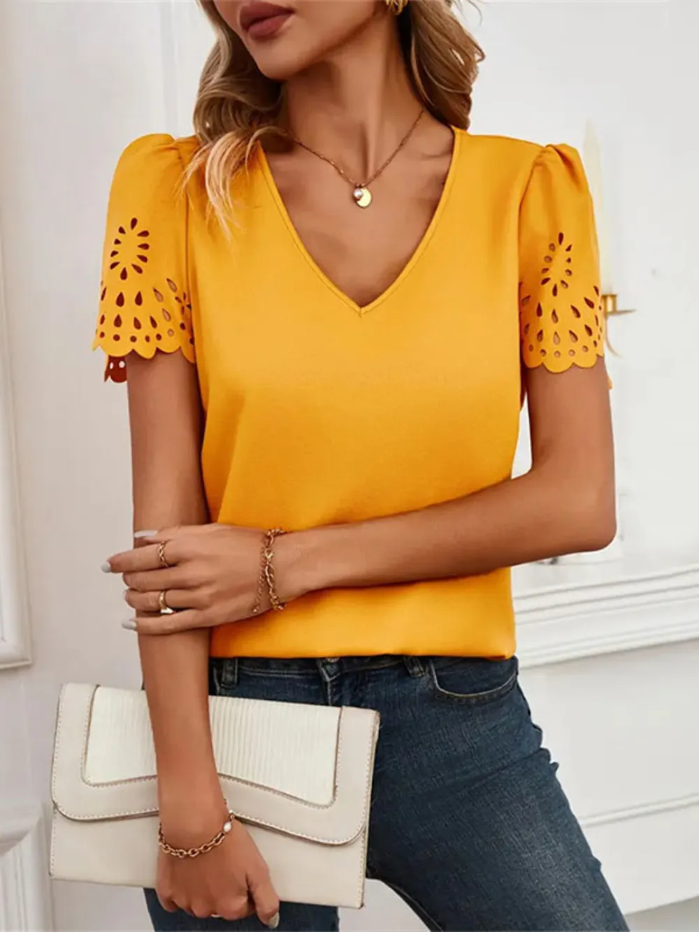 V-Neck Laser Cut Sleeve Blouse, image 4