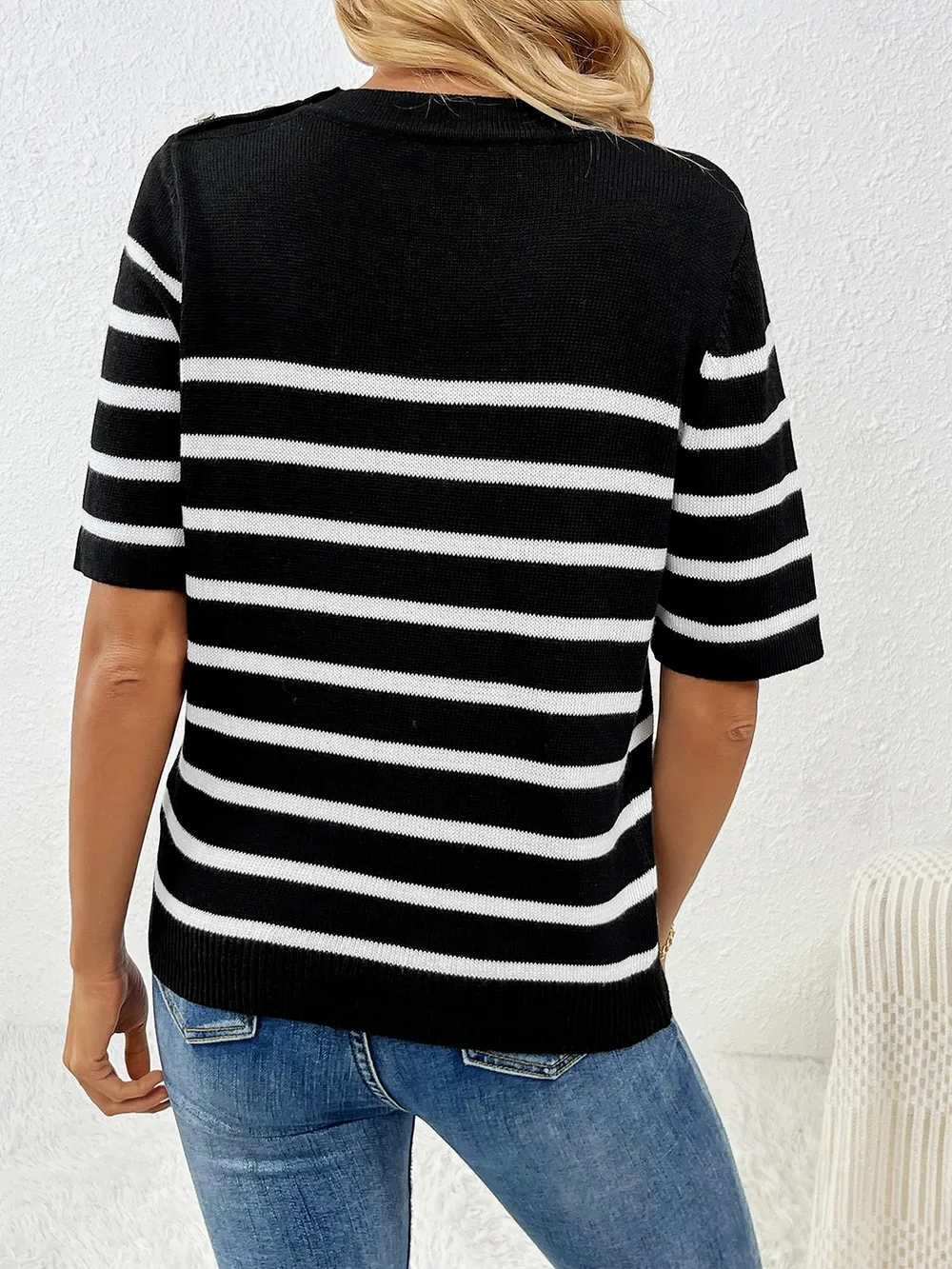 Striped Round Neck Half Sleeve Knit Top, image 2