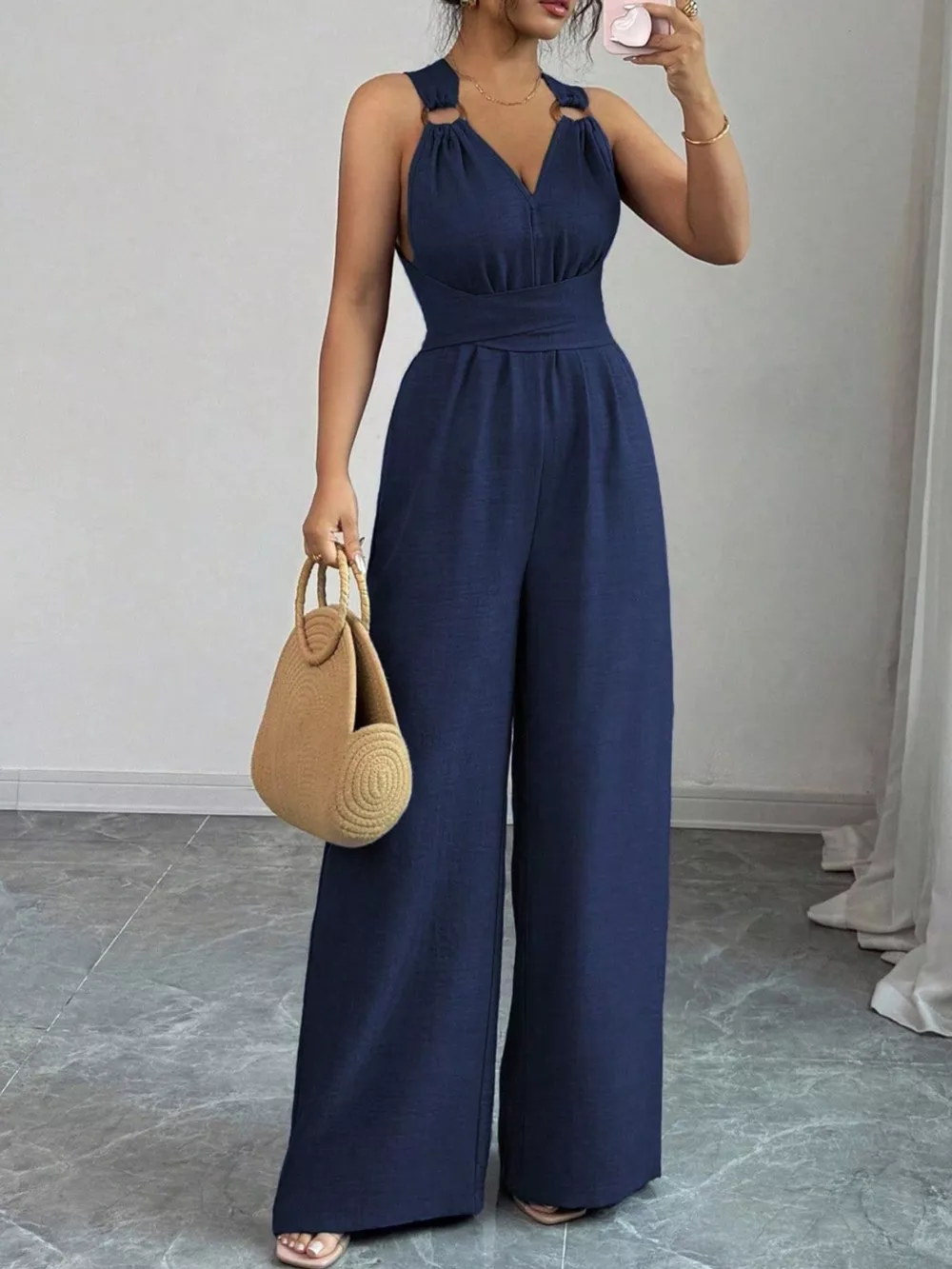 Sleeveless V-Neck Wide-Leg Jumpsuit with O-Ring Detail, image 2