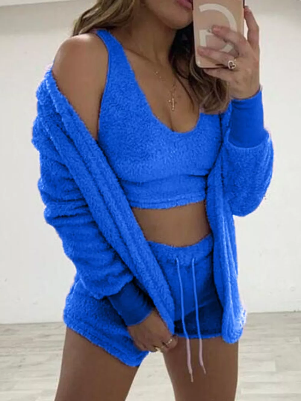 Full Size Fuzzy Tank & Cardigan and Shorts Three-Piece Set Plus Size, image 20