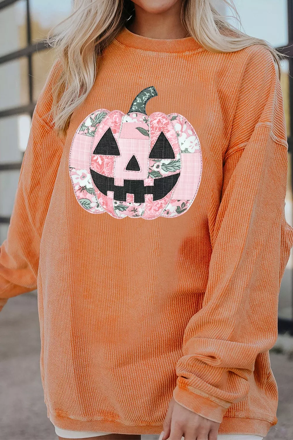 Patchwork Pumpkin Graphic Corded Ribbed Round Neck Tunic Sweatshirt, image 5
