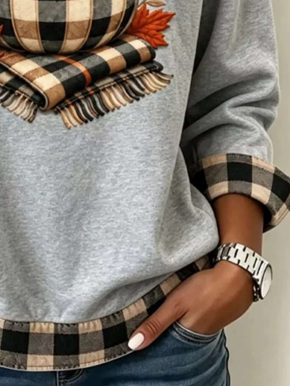 Full Size Pumpkin Plaid Patchwork Long Sleeve Sweatshirt Plus Size, image 8