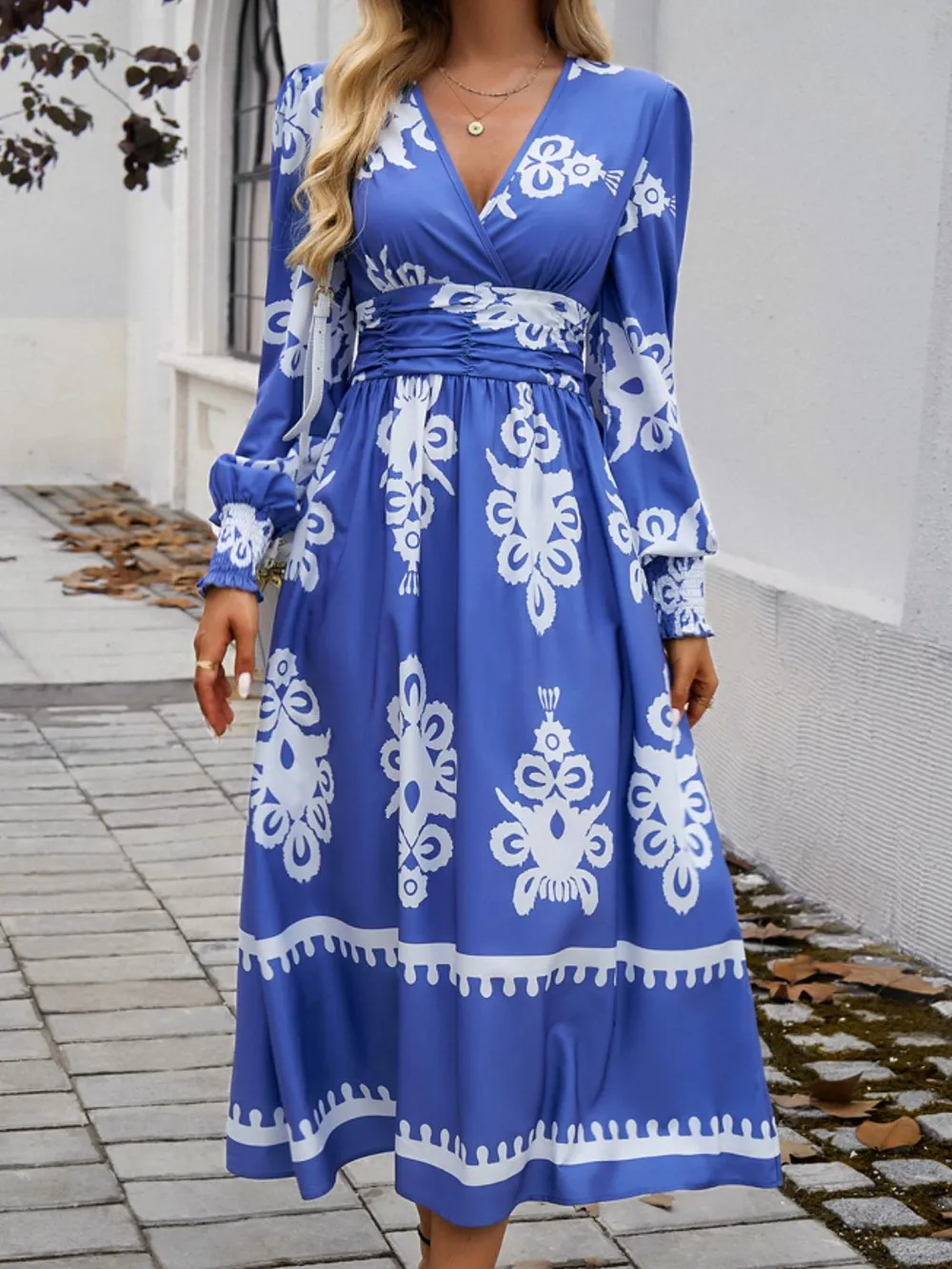 Printed Surplice Lantern Sleeve Midi Dress, image 5