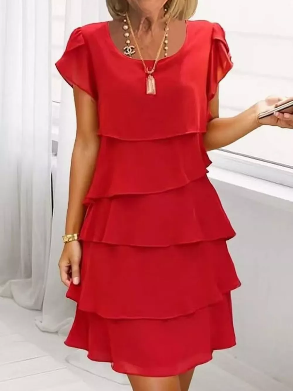 Full Size Ruffled Layered Petal Sleeve Dress Plus Size, image 5