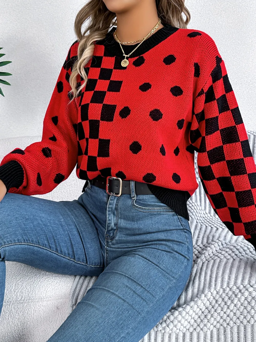 Plaid Round Neck Long Sleeve Sweater, image 13