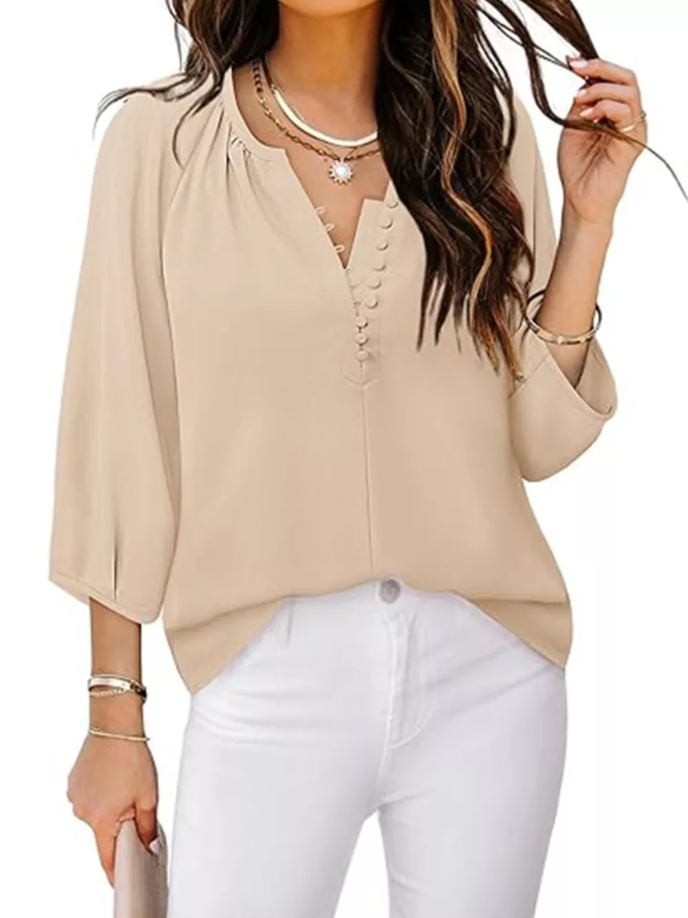 Notched 3/4 Sleeve Blouse, image 3