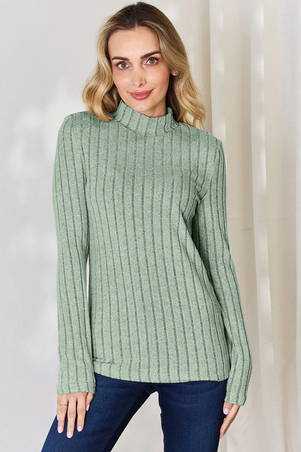 Full Size Ribbed Mock Neck Long Sleeve T-Shirt, image 11