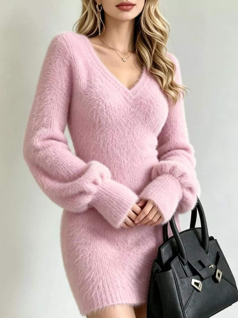 V-Neck Fuzzy Knit Sweater Dress, image 8