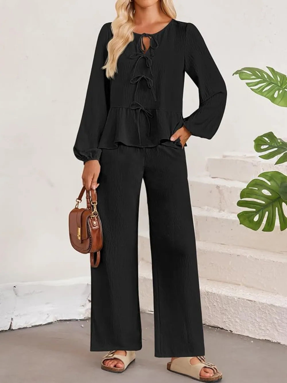 Tie Neck Balloon Sleeve Top and Pants Set, image 13