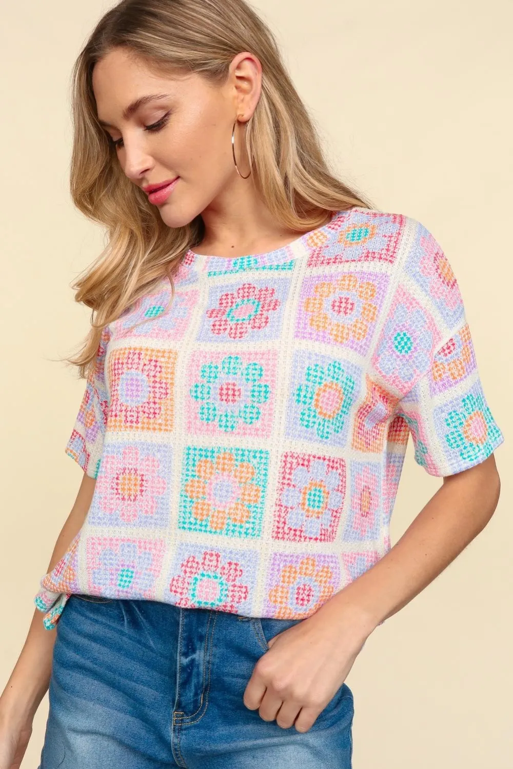 Flower Print Round Neck Short Sleeve T-Shirt, image 4