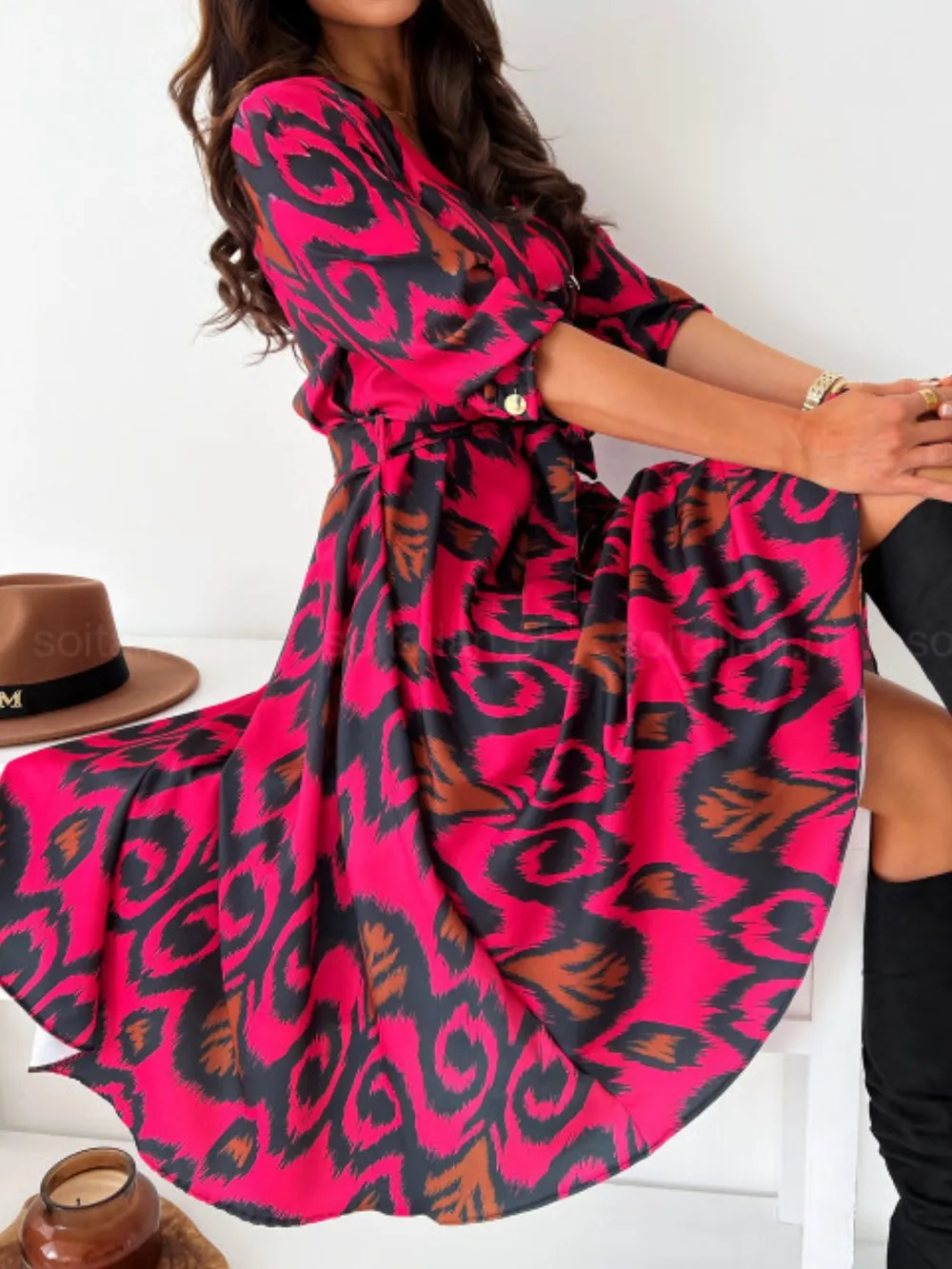 Printed Tie Waist Midi Dress, image 15