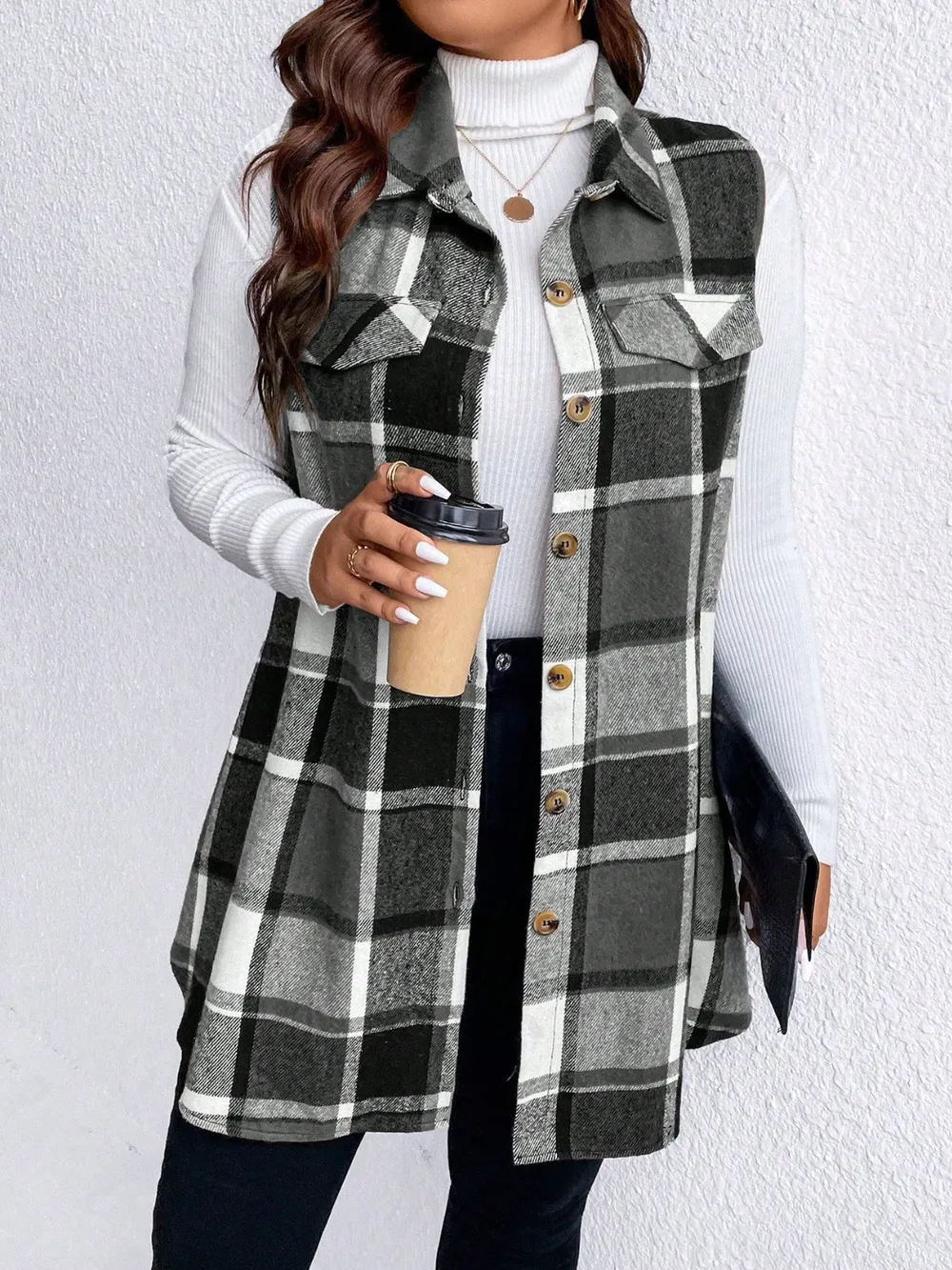 Plus Size Pocketed Plaid Button Up Vest Coat, image 10