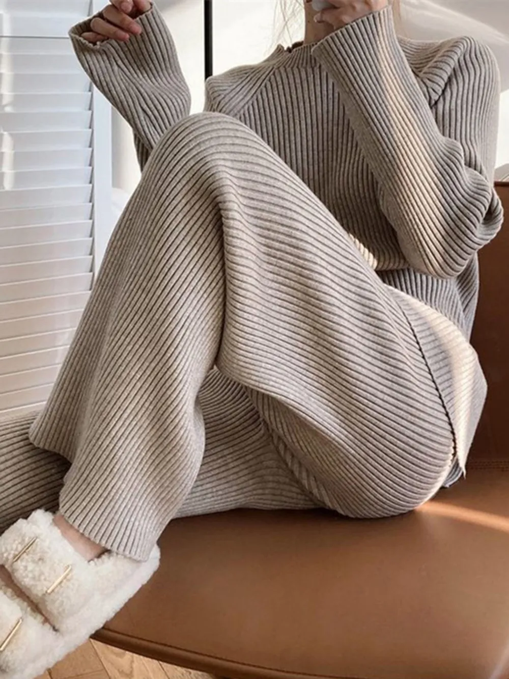Mock Neck Raglan Sleeve Top and Pants Sweater Set, image 5