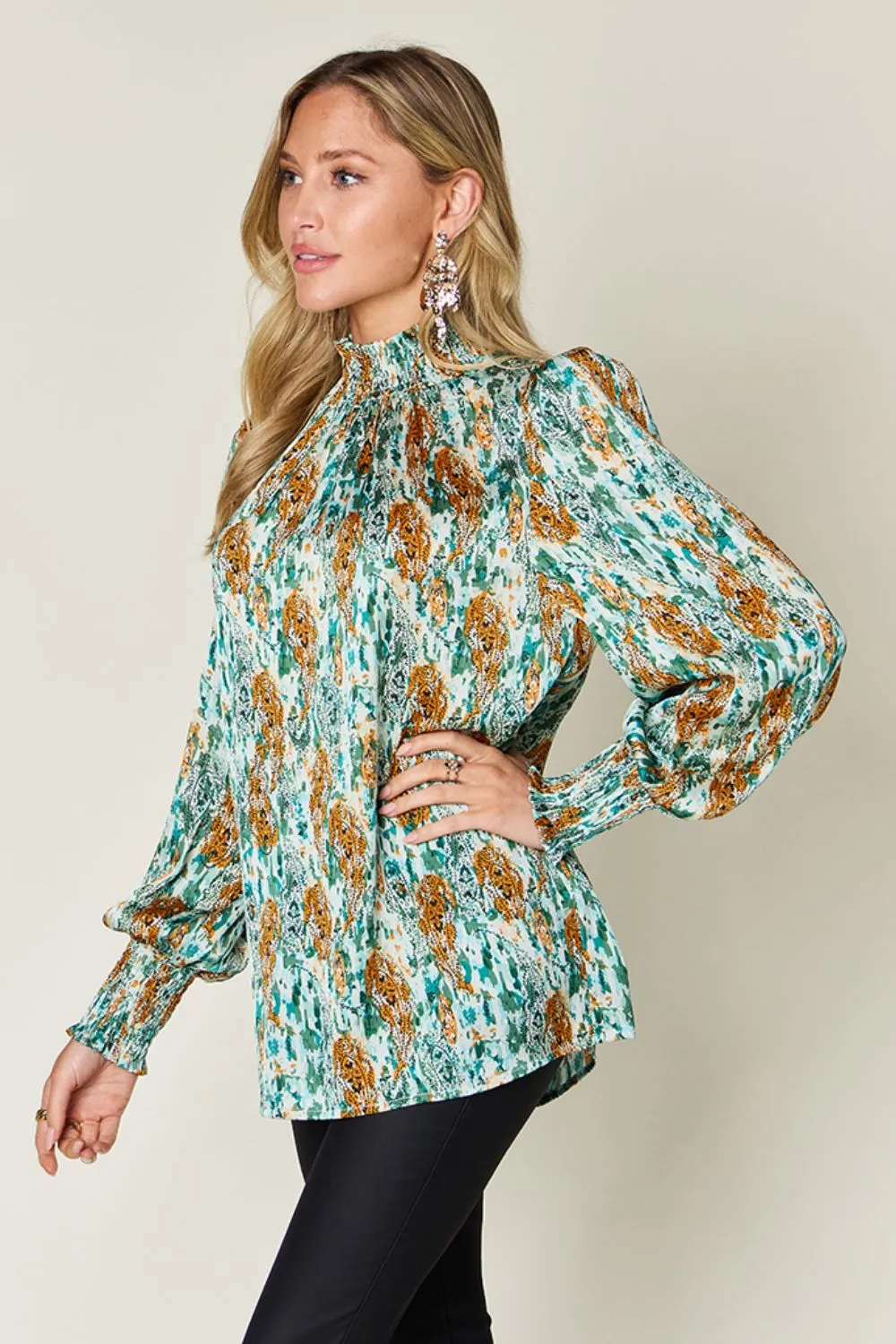 Full Size Printed Smocked Long Sleeve Blouse, image 29