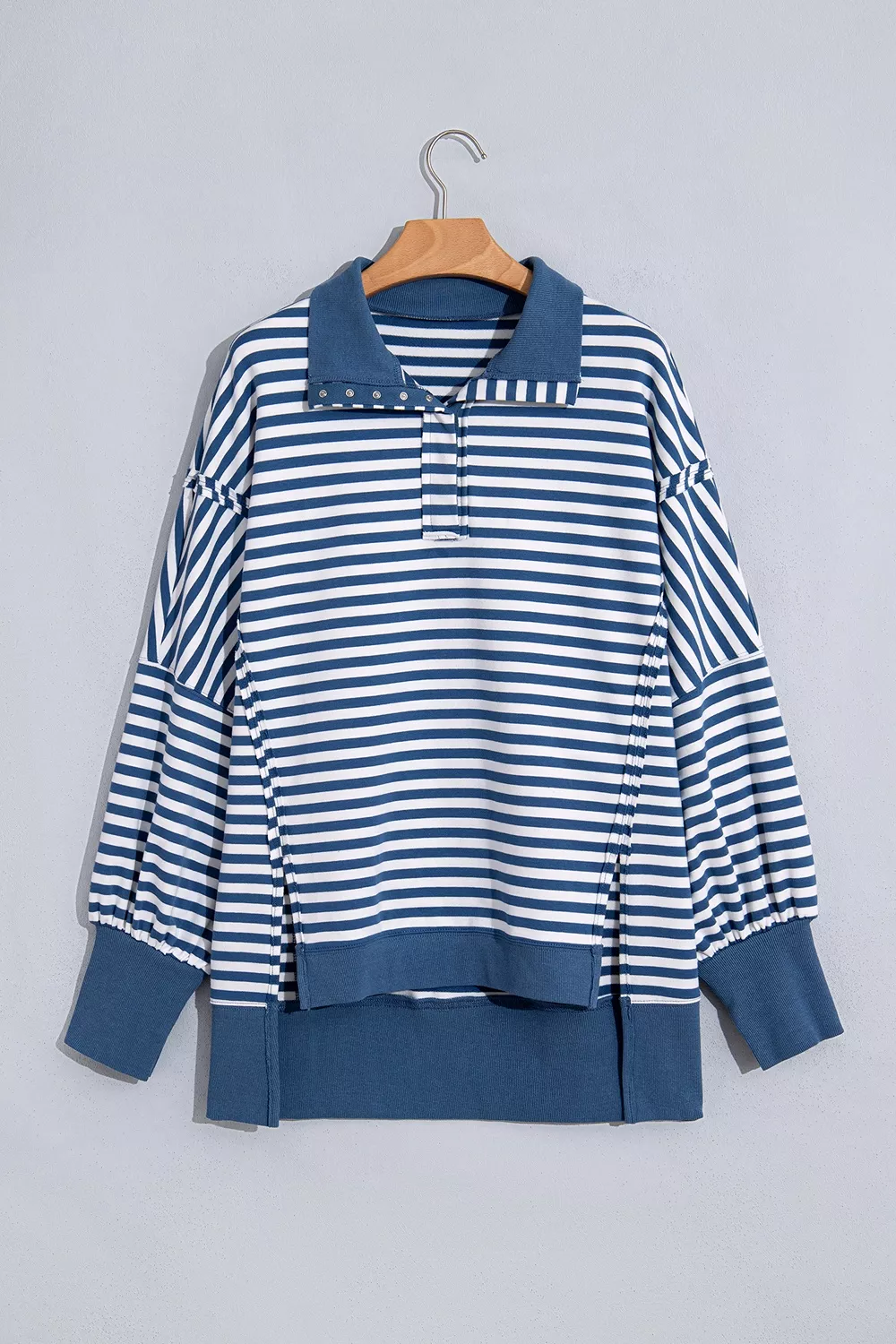 Stripe Color Block Trim Raw Seam Split Hem Loose Sweatshirt, image 9
