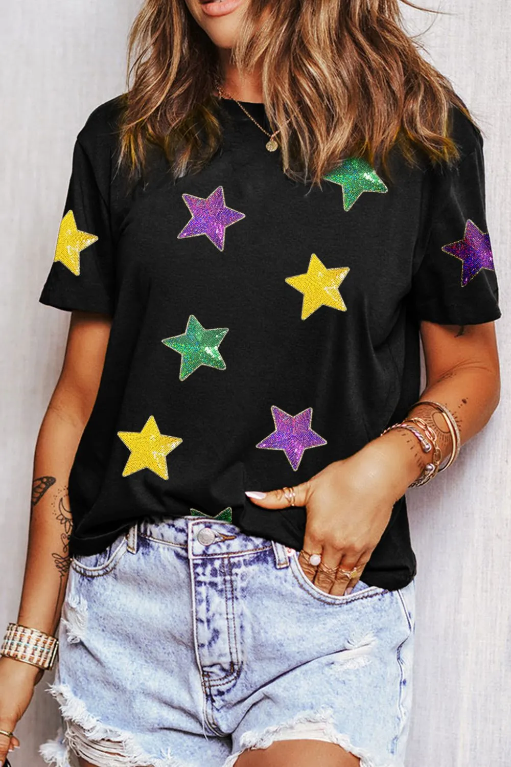 Sequin Stars Patched Round Neck T-Shirt, image 3